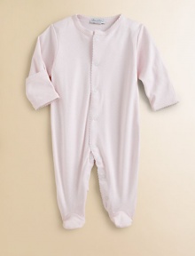Tiny polka dots and a scalloped trim add to the awe factor of this plush pima cotton one-piece with full snaps for easy on and off.Scalloped crewneckLong sleeves with mitten cuffsFront snapsBottom snapsPima cottonMachine washImported Please note: Number of snaps may vary depending on size ordered. Tiny polka dots and a scalloped trim add to the awe factor of this plush pima cotton one-piece with full snaps for easy on and off.Scalloped crewneckLong sleeves with mitten cuffsFront snapsBottom snapsPima cottonMachine washImported Please note: Number of snaps may vary depending on size ordered.