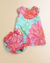 Super-sized flowers bloom bright and boldly on an adorable shift with feminine ruffles.Round necklineSleeveless with ruffled trimRuffled hemBack buttons with curved contour hemMatching ruffled bloomer with elasticized waist and leg openingsFully linedCottonMachine washImported Please note: Number of buttons may vary depending on size ordered. 