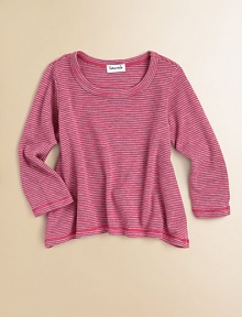 An easy-chic essential with cute allover stripes and a laid-back silhouette.CrewneckLong sleevesA-lineCurved hem50% polyester/25% supima cotton/25% modalMachine washImported An easy-chic essential with cute allover stripes and a laid-back silhouette.CrewneckLong sleevesA-lineCurved hem50% polyester/25% supima cotton/25% modalMachine washImported