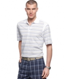 Stripe it up. This polo shirt from Izod has performance features that'll up your game instantly. Stripe it up. This polo shirt from Izod has performance features that'll up your game instantly.