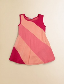 Panels of plush, contrasting fabric and flared skirt add structure to an easy-to-wear colorblock silhouette for baby.Round necklineSleevelessPullover style95% rayon/5% spandexHand washMade in USA Panels of plush, contrasting fabric and flared skirt add structure to an easy-to-wear colorblock silhouette for baby.Round necklineSleevelessPullover style95% rayon/5% spandexHand washMade in USA