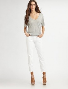 Body-hugging stretch denim in your favorite hue.THE FITSkinny fitRise, about 8Inseam, about 29THE DETAILSZip flyFive-pocket style72% cotton/28% polyesterDry cleanMade in USA of imported fabric Body-hugging stretch denim in your favorite hue.THE FITSkinny fitRise, about 8Inseam, about 29THE DETAILSZip flyFive-pocket style72% cotton/28% polyesterDry cleanMade in USA of imported fabric