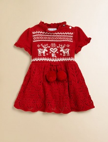 A sweet sweater dress embodies the holiday spirit with an intarsia-knit reindeer and a pretty pointelle-knit skirt.Ruffled crewneckPopcorn-stitched puffed sleevesShoulder buttonsEmpire waist with bow and pom-pom tiePointelle-knit skirtFully linedCotton/WoolDry cleanImported Please note: Number of buttons/snaps may vary depending on size ordered. A sweet sweater dress embodies the holiday spirit with an intarsia-knit reindeer and a pretty pointelle-knit skirt.Ruffled crewneckPopcorn-stitched puffed sleevesShoulder buttonsEmpire waist with bow and pom-pom tiePointelle-knit skirtFully linedCotton/WoolDry cleanImported Please note: Number of buttons/snaps may vary depending on size ordered.