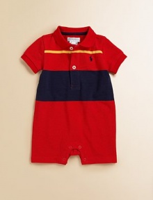 Colorful stripes update the classic polo shortall in breathable cotton mesh.Ribbed polo collarShort sleevesButton frontBottom snaps for easy on and offCottonMachine washImported Please note: Number of buttons/snaps may vary depending on size ordered. Colorful stripes update the classic polo shortall in breathable cotton mesh.Ribbed polo collarShort sleevesButton frontBottom snaps for easy on and offCottonMachine washImported Please note: Number of buttons/snaps may vary depending on size ordered.