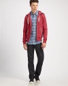 Casual zip-front hoodie with handsome contrast trim and logo detail.Zip frontDrawstring hoodSlash front pocketsCottonMachine washImported