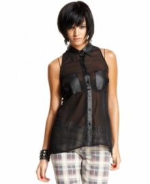 Material Girl elevates the trend-right sheer top with faux-leather trims and overall rocker spirit.