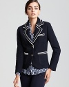 Inject your everyday style with preppy polish in this Tory Burch blazer, classically styled with contrast piping and gleaming bronze buttons. Team with a crisp oxford and dark denim for old New England charm.