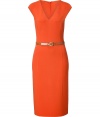 Elegant sheath dress in fine, pure bright orange virgin wool - Luxe, lightweight fabric - Deep v-neck and cap sleeves - Decorative seams flatter and elongate the silhouette - Skinny, croc-embossed belt cinches the waist - Slim pencil skirt with rear vent - Sexy and sophisticated, perfect for work, cocktails and evenings out - Pair with a cropped jacket and peep toe pumps or dressy sandals