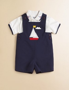 Set sail on this sporty shortall with button shoulders and waist, plus a handsome boat appliqué.SquareneckSleevelessButton shouldersBottom snapsWaistband buttonsCotton/polyesterMachine washImported Please note: Number of buttons/snaps may vary depending on size ordered. 