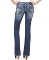 Rhinestone encrusted Fleur De Lise details add glam to these Miss Me bootcut jeans for major eye-catching appeal!