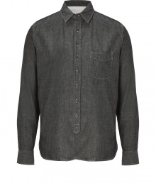 With a modern slim fit and partial button-down front, Rag & Bones black heather cotton shirt is an easy way to add an understated Downtown edge to your outfit - Spread collar, long sleeves, buttoned cuffs, partial button placket, chest pocket, shirttail hemline - Slim fit - Wear with jeans and suede lace-ups With a modern slim fit and partial button-down front, Rag & Bones black heather cotton shirt is an easy way to add an understated Downtown edge to your outfit - Spread collar, long sleeves, buttoned cuffs, partial button placket, chest pocket, shirttail hemline - Slim fit - Wear with jeans and suede lace-ups