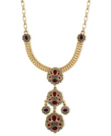 Eclectic appeal. This pendant necklace from Jessica Simpson is crafted from gold-tone mixed metal with faceted red stones adding a fashion infusion. Approximate length: 26 inches. Approximate drop: 3 inches.