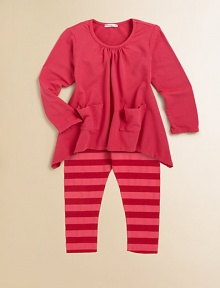 An eye-catching pair featuring an easy-chic tunic and darling striped leggings. Shirt Scoop neckLong sleevesFront patch pocketsCurved hem Leggings Pull-on style50% Tencel/42% cotton/8% LycraMachine washImported An eye-catching pair featuring an easy-chic tunic and darling striped leggings. Shirt Scoop neckLong sleevesFront patch pocketsCurved hem Leggings Pull-on style50% Tencel/42% cotton/8% LycraMachine washImported