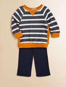 With wide stripes, contrast ribbed details and matching pants, this comfy outfit is a must-have for preppy little ones. Shirt Ribbed crewneckLong sleeves with ribbed cuffsRibbed hem Pants Pull-on styleCottonMachine washImported