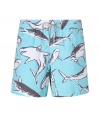 A brand original style since the 70s detailed with a fierce shark print, Vilebrequins Moorea swim trunks are as fun as they are iconic - Waterproof elastic waistband, back flap pocket, side slit pockets, back eyelets for release of water, durable drawstring cord with stainless metal aglets, interior cotton briefs - Classic slim fit - Wear in the water, or post-swim with a polo and flip-flops - Comes with a logo printed drawstring pouch