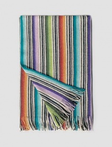 A fine addition to any home is lavishly striped in warm earthtones and finished with fringed ends. A cozy touch at the end of a bed or over a sofa. 45 X 75 Wool/polyester; machine wash Imported A fine addition to any home is lavishly striped in warm earthtones and finished with fringed ends. A cozy touch at the end of a bed or over a sofa. 45 X 75 Wool/polyester; machine wash Imported