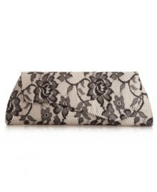 Lovely in lace. This gorgeous design will add interest to any night-out ensemble with a satin base covered in lace and a unique asymmetrical flap. Lovely in lace. This gorgeous design will add interest to any night-out ensemble with a satin base covered in lace and a unique asymmetrical flap.