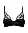 Sultry black satin and lace padded underwire bra - Turn up the heat in the boudoir in this edgy yet feminine bra - Stylish bandeau detail, slightly padded cups, and lace accents - Perfect with a low-cut top or alone on its own - Made by high-end French lingerie designer Chantal Thomass
