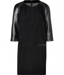 Ultra luxe and equally edgy, Day Birger et Mikkelsens suede/leather dress is a contemporary take on timeless sophistication - Rounded neckline, leather 3/4 raglan sleeves, leather trimmed slit pocket, hidden back zip, kick pleat - Tailored straight fit - Team with opaque tights and statement streamlined accessories Ultra luxe and equally edgy, Day Birger et Mikkelsens suede/leather dress is a contemporary take on timeless sophistication - Rounded neckline, leather 3/4 raglan sleeves, leather trimmed slit pocket, hidden back zip, kick pleat - Tailored straight fit - Team with opaque tights and statement streamlined accessories