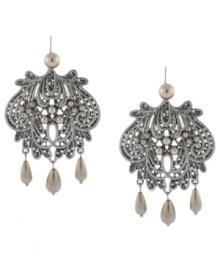 Frame your face with Jessica Simpson's ornate Love Lace design. Earrings feature a beautiful filigree design accented by shimmering glass pearls. Set in silver tone mixed metal. Approximate drop: 3 inches. Frame your face with Jessica Simpson's ornate Love Lace design. Earrings feature a beautiful filigree design accented by shimmering glass pearls. Set in silver tone mixed metal. Approximate drop: 3 inches.