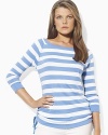 Bold stripes grace the front of a three-quarter-sleeve tee, crafted with an elegant ballet neckline and drawcord detailing at the hem to create chic ruching.