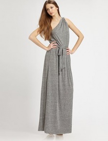 Unleash your inner goddess in this one-shoulder, floor-length silhouette, enhanced by a self tie at the waist. Asymmetrical necklineSleevelessSelf tie at waistAbout 41 from natural waist50% polyester/38% cotton/12% rayonDry cleanMade in USAModel shown is 5'10 (177cm) wearing US size Small. Unleash your inner goddess in this one-shoulder, floor-length silhouette, enhanced by a self tie at the waist. Asymmetrical necklineSleevelessSelf tie at waistAbout 41 from natural waist50% polyester/38% cotton/12% rayonDry cleanMade in USAModel shown is 5'10 (177cm) wearing US size Small.