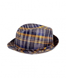 Elegant hat in fine, patterned silk and linen blend - A chic spin on the classic Trilby style - Vibrant indigo blue and sunflower yellow check motif - Moderately large brim ideal for keeping the sun at bay - An eye-catching, go-to warm weather accessory - Pair with everything from a t-shirt and chinos to a button down and Bermudas Elegant hat in fine, patterned silk and linen blend - A chic spin on the classic Trilby style - Vibrant indigo blue and sunflower yellow check motif - Moderately large brim ideal for keeping the sun at bay - An eye-catching, go-to warm weather accessory - Pair with everything from a t-shirt and chinos to a button down and Bermudas
