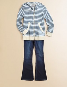 Heathery stripes on soft, looped French terry, refreshed with solid trim and warmed by a cozy hood.Attached hoodLong sleeves with solid ribbed cuffsZip frontSplit kangaroo pocketsSolid ribbed hem75% cotton/25% rayonMachine washImported Heathery stripes on soft, looped French terry, refreshed with solid trim and warmed by a cozy hood.Attached hoodLong sleeves with solid ribbed cuffsZip frontSplit kangaroo pocketsSolid ribbed hem75% cotton/25% rayonMachine washImported