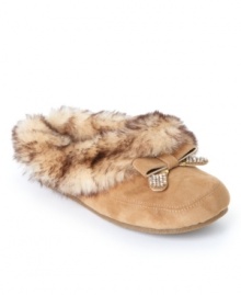 Pamper yourself every moment of the day. The Prettier slippers by Jessica Simpson combine soft suede and fuzzy fur for glamour no matter the time. Pamper yourself every moment of the day. The Prettier slippers by Jessica Simpson combine soft suede and fuzzy fur for glamour no matter the time.
