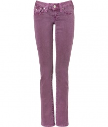 Colorful jeans are de rigueur this season, and True Religions purple pants offer a chic twist on summer staple - Faded, antique rinse has a look of well-worn chic - Low rise, with belt loops, zip fly and button closure - Flattering signature  triangular flap pockets at rear and right hip - Straight, slim leg - Pair with  t-shirts, button downs and silk blouses