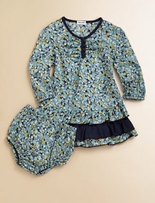 Sweet floral print cotton, piped in black, styled as a swingy dress with multi-tiered skirt and bloomers to match.Long sleeve pullover Front shirring at button-and-loop placket Drop waist the three-tier skirt Elasticized cuffs Floral bloomers with elasticized waist and leg openings Cotton; machine wash Made in USA Sweet floral print cotton, piped in black, styled as a swingy dress with multi-tiered skirt and bloomers to match.Long sleeve pullover Front shirring at button-and-loop placket Drop waist the three-tier skirt Elasticized cuffs Floral bloomers with elasticized waist and leg openings Cotton; machine wash Made in USA