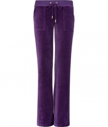 Off-duty looks get an effortless cool edge with Juicy Coutures bootcut velour lounge pants - Drawstring waistline, flared leg, sits low on the hips - Figure-hugging fit - Style with a tee and cozy pullover, or for a sportier look, with a matching hoodie and flats