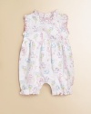 Smiling animals in a variety of different colors will keep your little one comfortable all day. Standing collarSleevelessRuffle trim in contrasting toneBack snap closureSnap bottomLegs have elastic bandsPima cottonMachine washImported