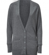 Finish your laid-back look on a luxe note with Steffen Schrauts soft flanel cashmere cardigan - Deep V-neckline, long sleeves, fine ribbed trim, seam detailing, front slit pockets, contrast knit back - Pair with leather leggings and an oversized tee