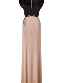 Ultra glamorous with a stately modern-vintage feel, Jenny Packhams sensuous floor-length silk evening gown is an exquisitely elegant choice, guaranteed to set your look soaring - Rounded neckline, sleeveless with softly draped silk sides, slit front, black grosgrain waistband with metallic trim and crystal embellishment, hidden back zip - Form-fitting silhouette, floor-length - Team with a dusting of fine jewelry and flawless accessories