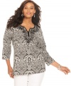 Revamp your casual style with Charter Club's three-quarter-sleeve plus size top, broadcasting a lively print-- it's an Everyday Value!