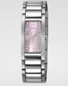 Sleek lines and pared-down details give this brushed stainless steel watch with Swarovski crystals an Art Deco elegance.Quartz movementWater resistant to 3 ATMStainless steel rectangular case, 20mm wide (.79)Smooth bezelPink sunray dial with pink crystalsStainless steel bar hour markersSecond handBrushed and polished link braceletImported