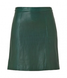 A jewel-tone green hue brings earthy glamour to this edgy leather mini from DKNY - Thin waistband, mini length, seaming details, concealed back zip closure - Wear with a retro-inspired blouse and ankle booties A jewel-tone green hue brings earthy glamour to this edgy leather mini from DKNY - Thin waistband, mini length, seaming details, concealed back zip closure - Wear with a retro-inspired blouse and ankle booties