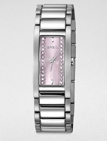 Sleek lines and pared-down details give this brushed stainless steel watch with Swarovski crystals an Art Deco elegance.Quartz movementWater resistant to 3 ATMStainless steel rectangular case, 20mm wide (.79)Smooth bezelPink sunray dial with pink crystalsStainless steel bar hour markersSecond handBrushed and polished link braceletImported