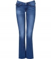 Stylish, straight-leg jeans in fine, medium-blue wash cotton - Features True Religion signature stitching on two back flap pockets, subtle fading, creases at knee, and zipper and single-button closure - Favorite jeans for a girls night out with a sexy tank and heels