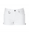 With a flattering fit and bright white stretch denim, Burberry Brits cuffed shorts lend a crisp modern polish to warm weather looks - Classic five-pocket style, button closure, belt loops, cuffed with characteristic check trim on side seams - Form-fitting - Wear with a brightly hued top and flats