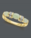 The perfect combination of pale pastel and a little sparkle, too. This unique design features three jade stones (5 mm x 3 mm and 6 mm x 4 mm) separated by round-cut rows of diamond accents. Ring set in 14k gold.