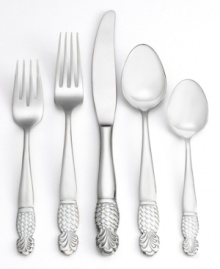 Set a welcoming table with tropical flair and the fresh Pineapple flatware set. A classic silhouette crafted in gleaming stainless steel bears fruit in a fun escape from traditional dining. Set a welcoming table with tropical flair and the fresh Pineapple flatware set. A classic silhouette crafted in gleaming stainless steel bears fruit in a fun escape from traditional dining.