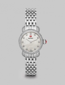 From the CSX Collection. A sleek stainless steel design with dazzling diamond accented case, bezel and markers. Swiss quartz movementWater resistant to 5 ATMRound, diamond accented stainless steel case, 26mm (1)Diamond bezelMother-of-pearl dialDiamond hour markersDiamonds, 1.1 tcwStainless steel link bracelet, 12mm wide (0.5)Imported From the CSX Collection. A sleek stainless steel design with dazzling diamond accented case, bezel and markers. Swiss quartz movementWater resistant to 5 ATMRound, diamond accented stainless steel case, 26mm (1)Diamond bezelMother-of-pearl dialDiamond hour markersDiamonds, 1.1 tcwStainless steel link bracelet, 12mm wide (0.5)Imported
