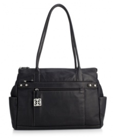 Giani Bernini's tote in refined pebbled leather achieves instant classic status with contrast stitching and a chic logo charm. Giani Bernini's tote in refined pebbled leather achieves instant classic status with contrast stitching and a chic logo charm.