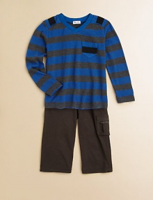 A sporty look, just like the big kids, with stripes on top and knit cargos underneath. TopRibbed V necklineStriped shoulder detailPatch chest pocketLong hemmed sleeves Pants Elastic waistbandOne front cargo pocketOne pack patch pocketTop: polyester/cotton/micromodalPants: cotton/spandexMachine washImportedAdditional InformationKid's Apparel Size Guide A sporty look, just like the big kids, with stripes on top and knit cargos underneath. TopRibbed V necklineStriped shoulder detailPatch chest pocketLong hemmed sleeves Pants Elastic waistbandOne front cargo pocketOne pack patch pocketTop: polyester/cotton/micromodalPants: cotton/spandexMachine washImportedAdditional InformationKid's Apparel Size Guide
