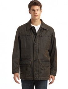THE LOOKFold-over collar with leather detailConcealed front zip closure with exposed button closureLong button tab sleeves Chest zip pockets with leather trimChest snap patch pockets with leather trimSeam detailsQuilted liningInterior zip pocketInterior snap patch pocketInterior drawstring closureLeather button tab detail at back waistVented hemTHE FITAbout 30 from shoulder to hemTHE MATERIALShell: 67% polyester/33% THE LOOKFold-over collar with leather detailConcealed front zip closure with exposed button closureLong button tab sleeves Chest zip pockets with leather trimChest snap patch pockets with leather trimSeam detailsQuilted liningInterior zip pocketInterior snap patch pocketInterior drawstring closureLeather button tab detail at back waistVented hemTHE FITAbout 30 from shoulder to hemTHE MATERIALShell: 67% polyester/33%