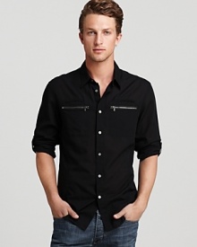 Pop some designer flair into your wardrobe with this natty shirt from John Varvatos, featuring a pair of zip chest pockets for a little modern edge. Pop some designer flair into your wardrobe with this natty shirt from John Varvatos, featuring a pair of zip chest pockets for a little modern edge.