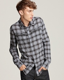 A slimmer fit brings old-school plaid up to speed in this John Varvatos Star USA shirt. A slimmer fit brings old-school plaid up to speed in this John Varvatos Star USA shirt.