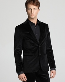 Fashioned in thin wale corduroy for a velvet touch and sheen, this dapper blazer sets the tone for an exciting evening out. Fashioned in thin wale corduroy for a velvet touch and sheen, this dapper blazer sets the tone for an exciting evening out.